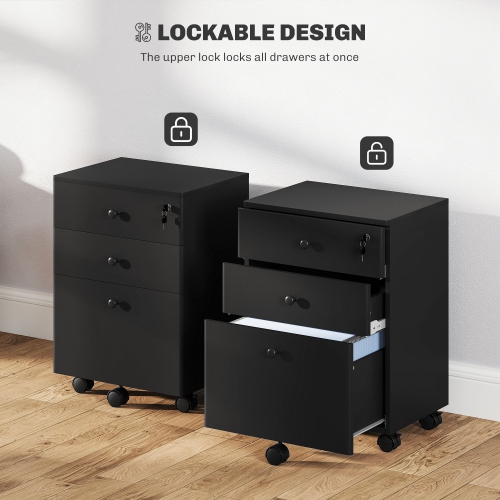Kepooman 3-Drawer Small Filing Cabinet with Lock, Vertical Office Storage Cabinet with Wheels for Home Office, Black