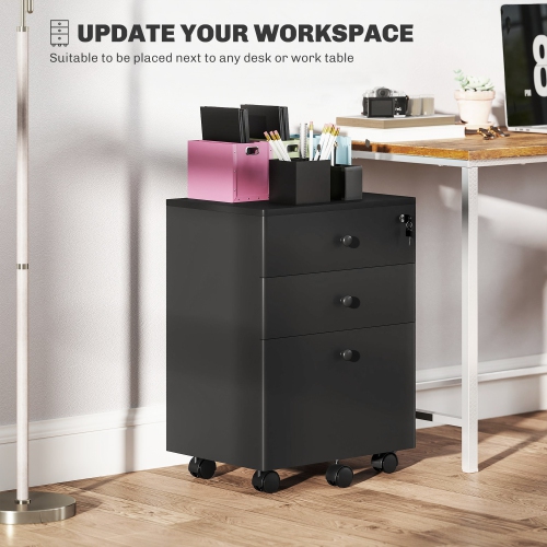 Kepooman 3-Drawer Small Filing Cabinet with Lock, Vertical Office Storage Cabinet with Wheels for Home Office, Black