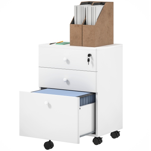 Kepooman 3-Drawer Small Filing Cabinet with Lock, Vertical Office Storage Cabinet with Wheels for Home Office, White