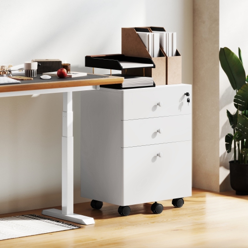 Kepooman 3-Drawer Small Filing Cabinet with Lock, Vertical Office Storage Cabinet with Wheels for Home Office, White