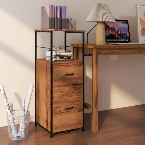 Kepooman Rustic File Console - Vertical 2-Drawer Cabinet with Hanging Rails & Printer Stand for Office Document Organization, Brown Wood