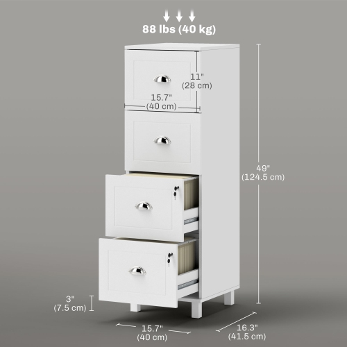 Kepooman 4 Drawer File Cabinet with Lock, Office Filing Cabinet, A4 Letter Size, Hanging File Folders, White