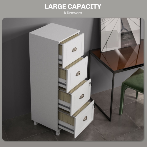 Kepooman 4 Drawer File Cabinet with Lock, Office Filing Cabinet, A4 Letter Size, Hanging File Folders, White
