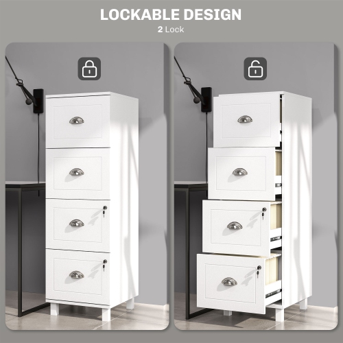 Kepooman 4 Drawer File Cabinet with Lock, Office Filing Cabinet, A4 Letter Size, Hanging File Folders, White