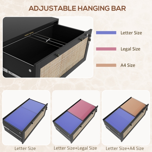 Kepooman Boho Lockable 2 Drawer File Cabinet Adjustable Bar for Letter A4 Legal Size Black Office Storage