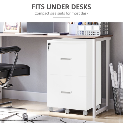 Kepooman 2 Drawer Wood Mobile File Cabinet with Lock Office Filing Storage Locking Wheels Home Study White