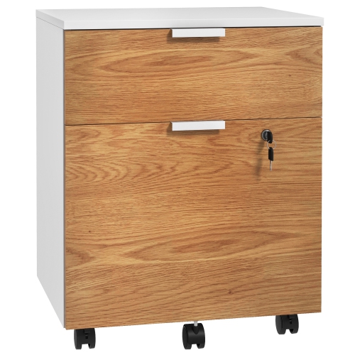 Kepooman Small Filing Cabinet 2 Drawers Lockable Office Storage Hanging Bars A4 Legal Letter White Nature Wood Compact
