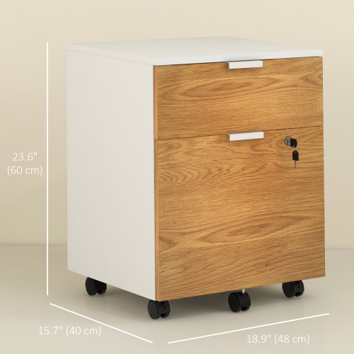 Kepooman Small Filing Cabinet 2 Drawers Lockable Office Storage Hanging Bars A4 Legal Letter White Nature Wood Compact