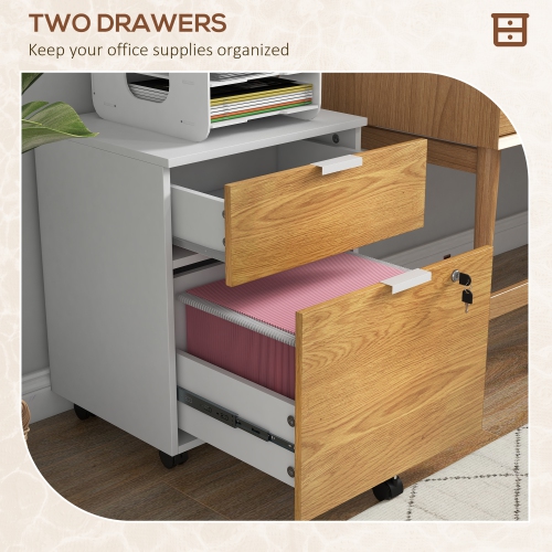 Kepooman Small Filing Cabinet 2 Drawers Lockable Office Storage Hanging Bars A4 Legal Letter White Nature Wood Compact