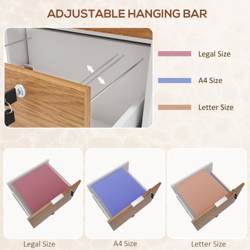 Kepooman Small Filing Cabinet 2 Drawers Lockable Office Storage Hanging Bars A4 Legal Letter White Nature Wood Compact