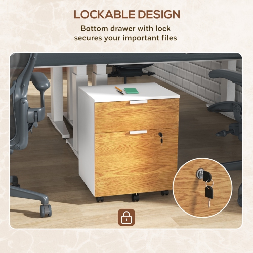 Kepooman Small Filing Cabinet 2 Drawers Lockable Office Storage Hanging Bars A4 Legal Letter White Nature Wood Compact