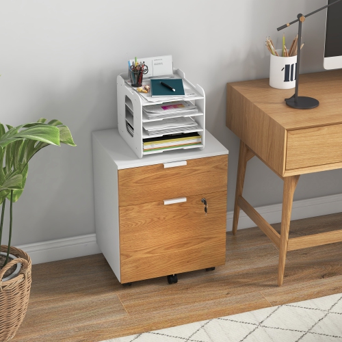 Kepooman Small Filing Cabinet 2 Drawers Lockable Office Storage Hanging Bars A4 Legal Letter White Nature Wood Compact