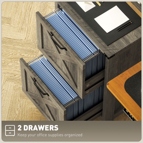 Kepooman Vertical Filing Cabinet with 2 Drawers, Rustic Farmhouse Office Storage Cabinet for A4, Letter Size, Grey Wash