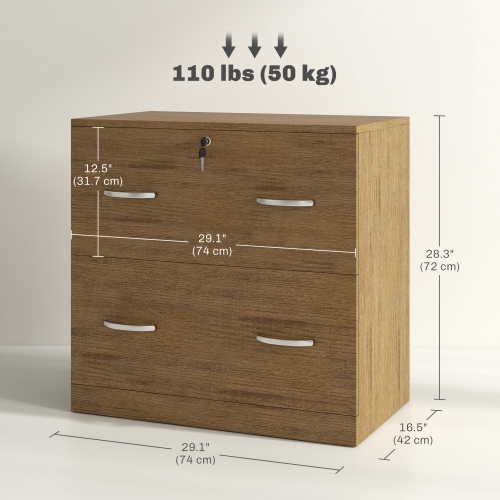 Kepooman 2 Drawer File Cabinet with Lock, Office Filing Cabinet, Hanging Bar for Letter Size, Home Office, Light Brown