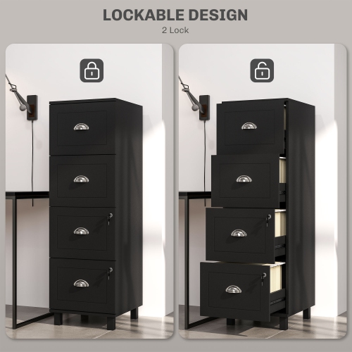 Kepooman 4 Drawer File Cabinet with Lock, Office Filing Cabinet, A4 Letter Size, Hanging File Folders, Black