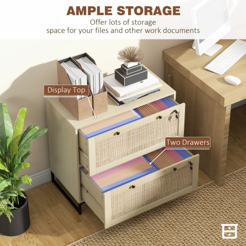 Kepooman Boho Lockable 2 Drawer File Cabinet Adjustable Bar for Letter A4 Legal Size Natural Office Storage