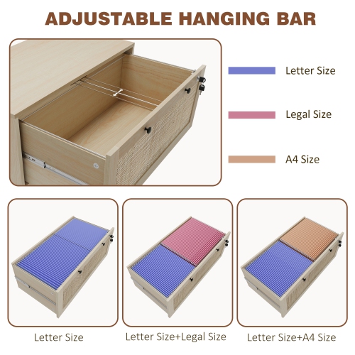 Kepooman Boho Lockable 2 Drawer File Cabinet Adjustable Bar for Letter A4 Legal Size Natural Office Storage