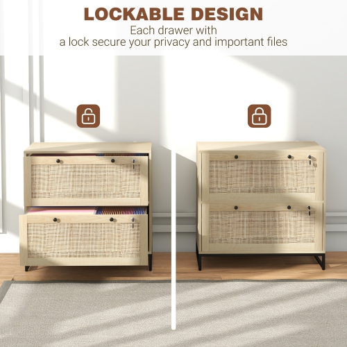 Kepooman Boho Lockable 2 Drawer File Cabinet Adjustable Bar for Letter A4 Legal Size Natural Office Storage
