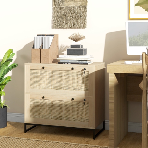 Kepooman Boho Lockable 2 Drawer File Cabinet Adjustable Bar for Letter A4 Legal Size Natural Office Storage