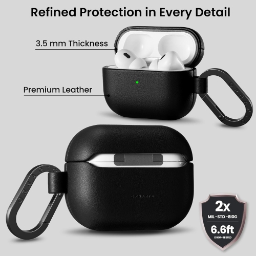 ORNARTO for AirPods Pro 2 Case 2022, Full Protective AirPods Pro 2nd Generation Leather Case Cover with Carabiner, Case for AirPods Pro 2, Front LED