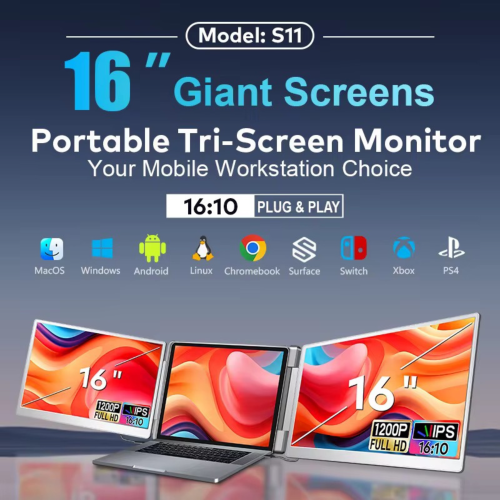 TUTT 16” Dual Portable Monitor | 16:10 Ratio FHD IPS Triple Screen Extender | Dual Rotating Screens | Standalone | H5 Converter Cable | Windows, Mac
