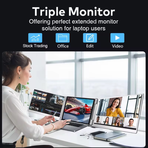 TUTT 16” Dual Portable Monitor | 16:10 Ratio FHD IPS Triple Screen Extender | Dual Rotating Screens | Standalone | H5 Converter Cable | Windows, Mac
