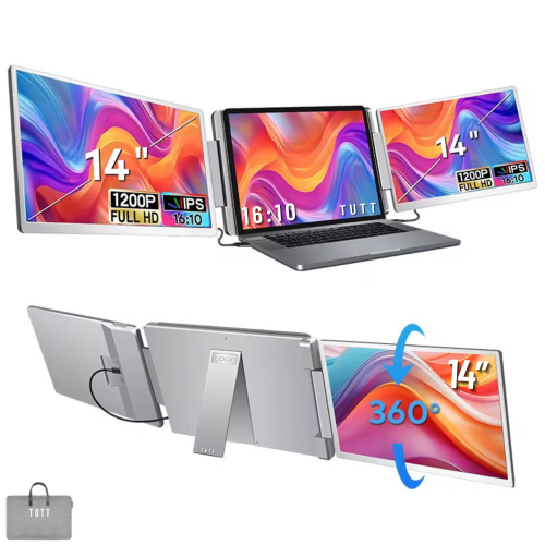 TUTT 14” Dual Portable Monitor | 16:10 Ratio FHD IPS Triple Screen Extender | Rotating Right Screen | Stand Alone | H5 Converter Cable | Windows, Mac
