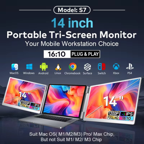 TUTT 14” Dual Portable Monitor | 16:10 Ratio FHD IPS Triple Screen Extender | Rotating Right Screen | Stand Alone | H5 Converter Cable | Windows, Mac