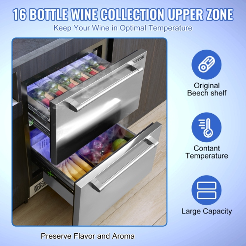 VEVOR 24" Undercounter Refrigerator, 2 Drawer Wine Refrigerator with Different Temperature, 4.87 Cu.ft. Capacity, Waterproof Indoor and Outdoor Under