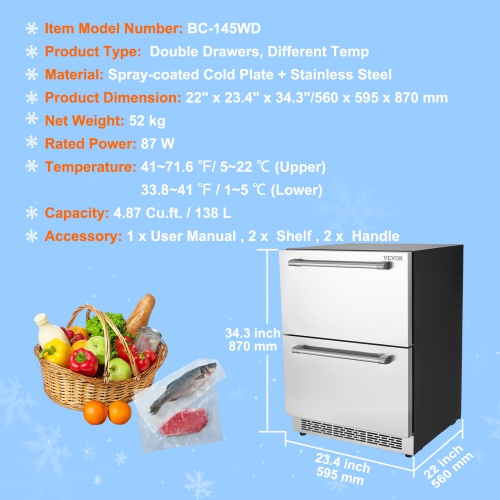 VEVOR 24" Undercounter Refrigerator, 2 Drawer Wine Refrigerator with Different Temperature, 4.87 Cu.ft. Capacity, Waterproof Indoor and Outdoor Under
