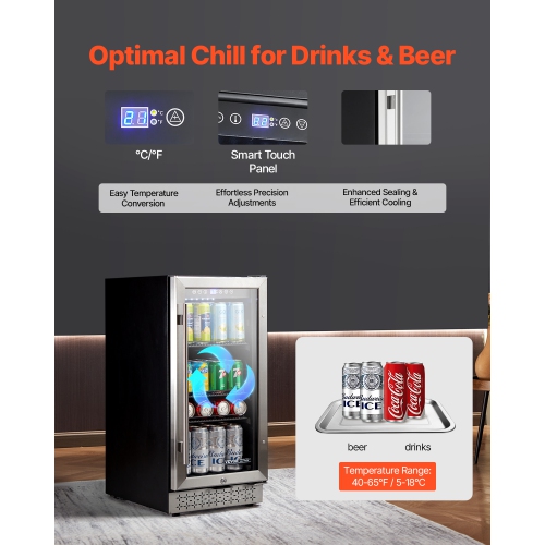 VEVOR 88 Can Beverage Refrigerator Cooler, Beverage Fridge, Mini Fridge with Glass Door, Adjustable Shelves, Digital Temperature Control, Built-in or