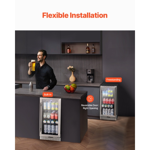 VEVOR 88 Can Beverage Refrigerator Cooler, Beverage Fridge, Mini Fridge with Glass Door, Adjustable Shelves, Digital Temperature Control, Built-in or