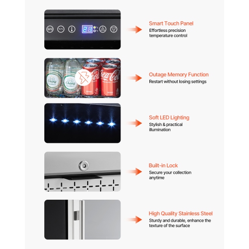 VEVOR 88 Can Beverage Refrigerator Cooler, Beverage Fridge, Mini Fridge with Glass Door, Adjustable Shelves, Digital Temperature Control, Built-in or