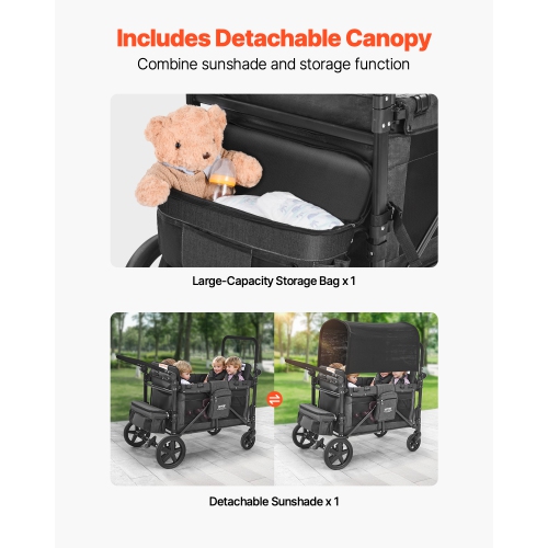 Poussette familiale VEVOR pour 4 enfants, poussette pliante Push Pull Quad, harnais de sécurité et auvent amovible, chariot poussette 4 places pour