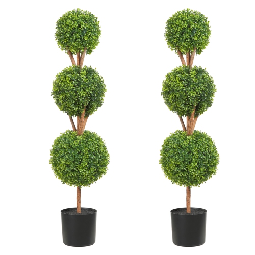 VEVOR  48 Inch Tall Artificial Topiaries Boxwood Trees, (2 Pieces), 3 Ball-Shape Faux Topiaries Plant \w Planters Feaux Plant W/ Replaceable Leaves &