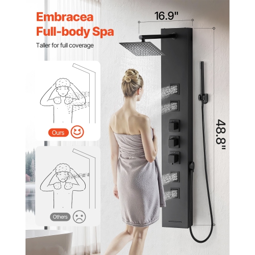 VEVOR 49 in Shower Panel Tower System with Rainfall Shower Head, Brushed Stainless Steel Shower Column, 4-Function Faucet, Wall-Mount Rain Massage
