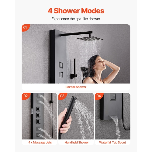 VEVOR 49 in Shower Panel Tower System with Rainfall Shower Head, Brushed Stainless Steel Shower Column, 4-Function Faucet, Wall-Mount Rain Massage