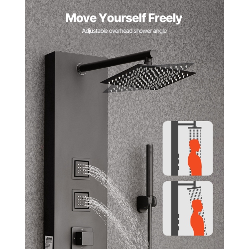 VEVOR 49 in Shower Panel Tower System with Rainfall Shower Head, Brushed Stainless Steel Shower Column, 4-Function Faucet, Wall-Mount Rain Massage