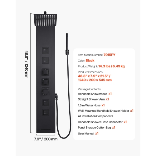 VEVOR 49 in Shower Panel Tower System with Rainfall Shower Head, Brushed Stainless Steel Shower Column, 4-Function Faucet, Wall-Mount Rain Massage