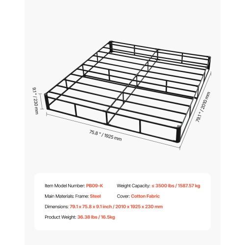 VEVOR 79.1 x 75.8 x 9.1 in Box Spring, King Size Bed Frame with Washable Fabric Cloth, Heavy Duty Metal Frame for King Bed, 9 in Mattress Foundation,