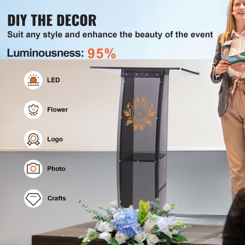 VEVOR 47" Acrylic Podium, Acrylic Podium Stand with Wide Reading Surface & Storage Shelf, Floor-standing Clear Pulpits Acrylic for Church Office