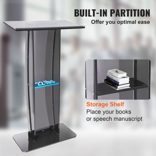 VEVOR 47" Acrylic Podium, Acrylic Podium Stand with Wide Reading Surface & Storage Shelf, Floor-standing Clear Pulpits Acrylic for Church Office
