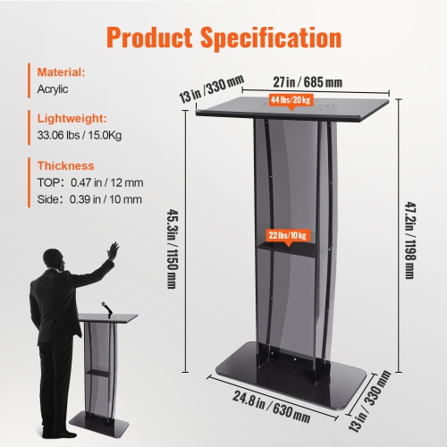 VEVOR 47" Acrylic Podium, Acrylic Podium Stand with Wide Reading Surface & Storage Shelf, Floor-standing Clear Pulpits Acrylic for Church Office