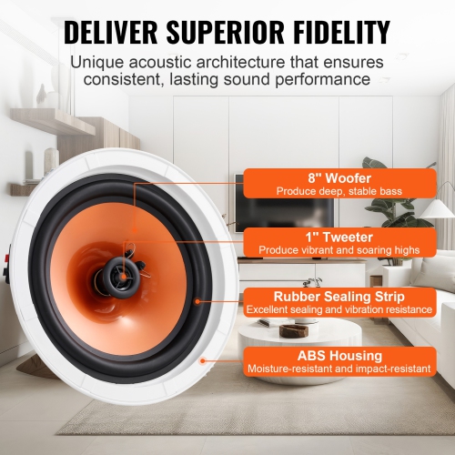 VEVOR 4 PCs 8 Inch in Ceiling Speakers, 100-Watts, Flush Mount Ceiling & in-Wall Speakers with 8ΩImpedance 89dB Sensitivity, for Home/Kitchen/Living