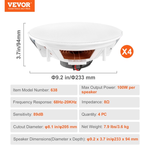 VEVOR 4 PCs 8 Inch in Ceiling Speakers, 100-Watts, Flush Mount Ceiling & in-Wall Speakers with 8ΩImpedance 89dB Sensitivity, for Home/Kitchen/Living