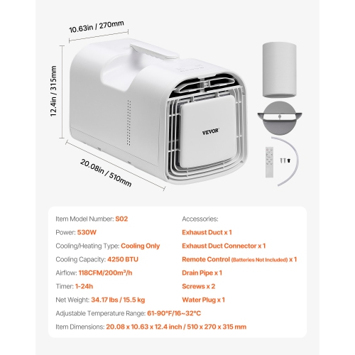 VEVOR 4250 BTU Portable Air Conditioner, 3-Speed Air Conditioning Unit with 24H Timer, Remote-Control Air Portable AC Adjustable Temperature 16-32℃,