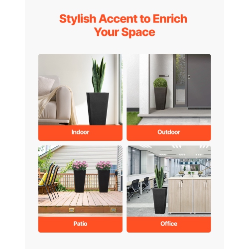 VEVOR Set of 2 Tall Outdoor Planters 22inch, Large Planters For Outdoor Indoor Plants, Black Tapered Square Front Porch Planters Flower Tree Plant