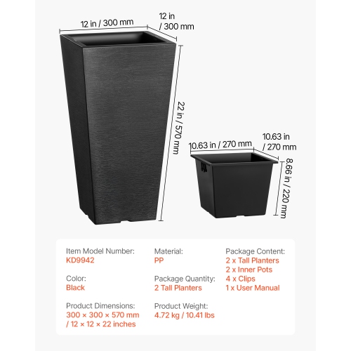 VEVOR Set of 2 Tall Outdoor Planters 22inch, Large Planters For Outdoor Indoor Plants, Black Tapered Square Front Porch Planters Flower Tree Plant