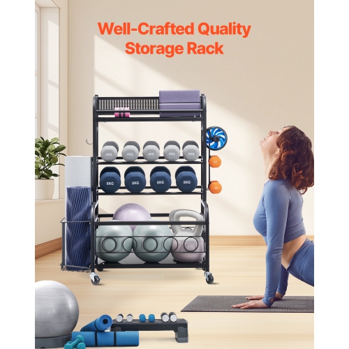 VEVOR Yoga Mat Storage Rack, Home Gym Workout Equipment, Powder Coated Finish Steel Mat with Hooks & Wheels, Weight Rack for Dumbbell, Kettlebell,