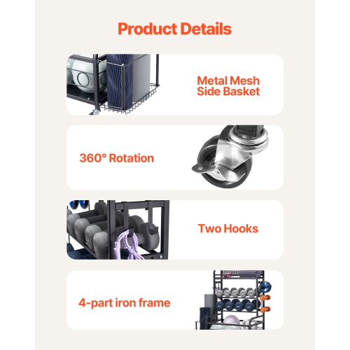 VEVOR Yoga Mat Storage Rack, Home Gym Workout Equipment, Powder Coated Finish Steel Mat with Hooks & Wheels, Weight Rack for Dumbbell, Kettlebell,